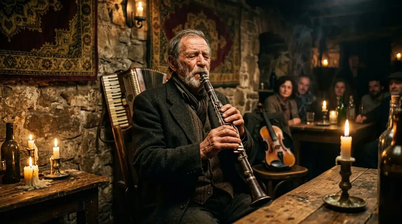 Musicien jouant de la flûte dans une cave historique éclairée aux chandelles