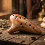 Ocarina en terre cuite fumante sur table rustique avec accessoires