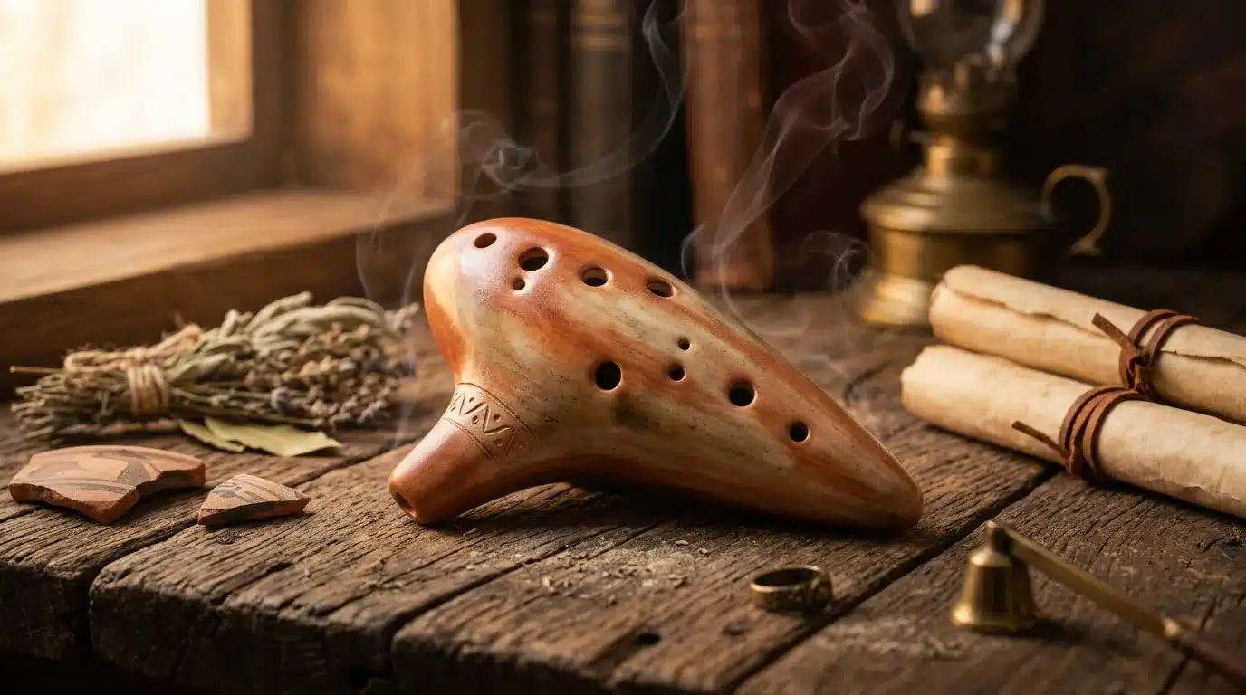 Ocarina en terre cuite fumante sur table rustique avec accessoires