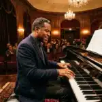 Pianiste jouant devant un public dans une salle élégante