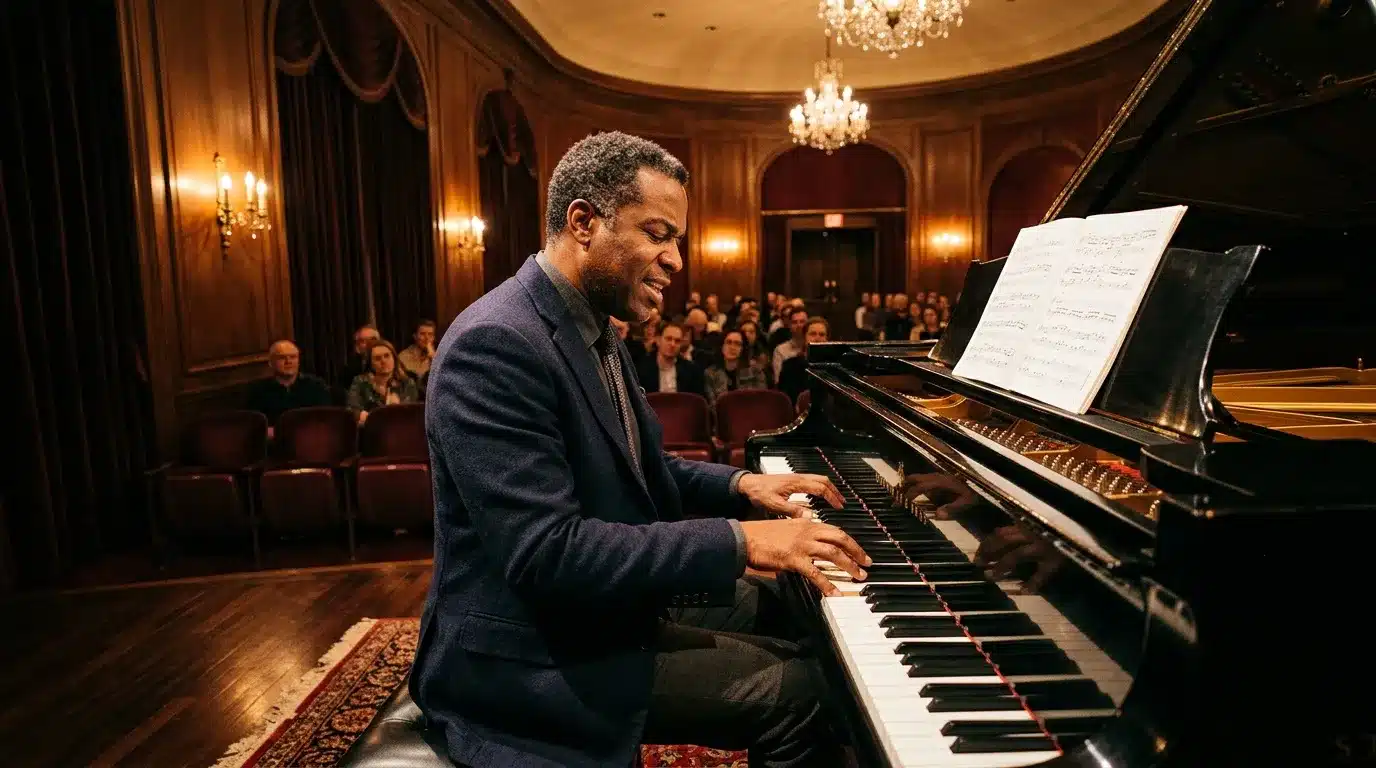 Pianiste jouant devant un public dans une salle élégante