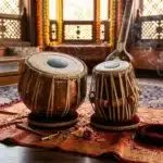 Deux tambours tabla sur tapis, instruments traditionnels indiens