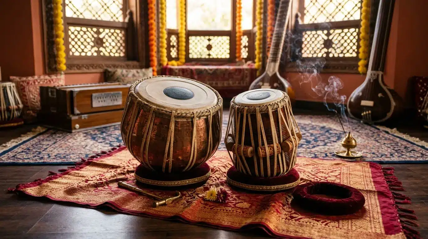 Deux tambours tabla sur tapis, instruments traditionnels indiens