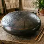 Tambour à langue métallique sur table bois rustique avec décor bohème
