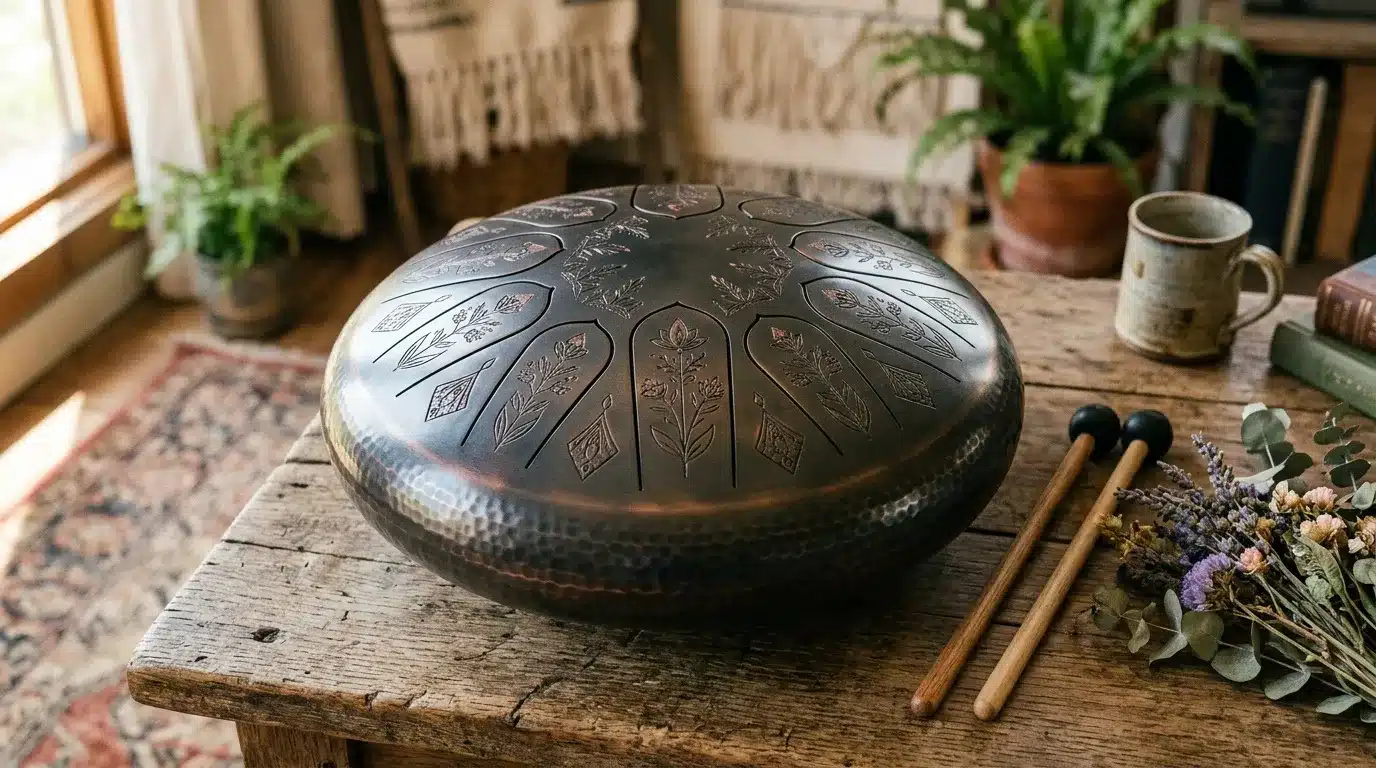 Tambour à langue métallique sur table bois rustique avec décor bohème